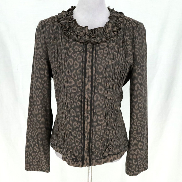 T Tahari Jackets & Blazers - T Tahari Jacket Womens 14 Brown Animal Print Ruffle Neck Smocking Lined Cotton